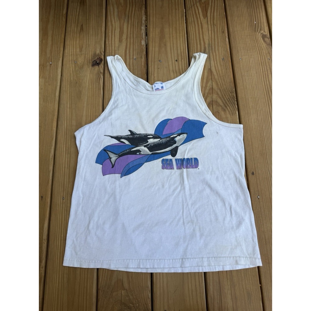 Vintage 80s 90s Sea World Orcas Killer Whales Tank Top Medium Made In USA